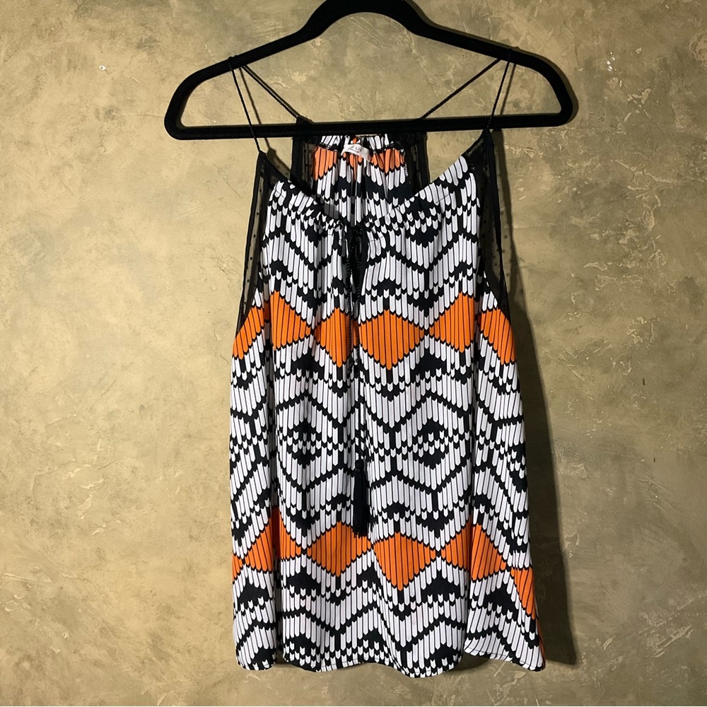 Le Lis Bold Graphic Flowy Chiffon and Lace Halter Style Top